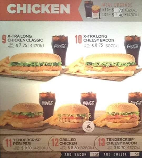 Menu at Hungry Jack's fast food, Perth, 91 Barrack St