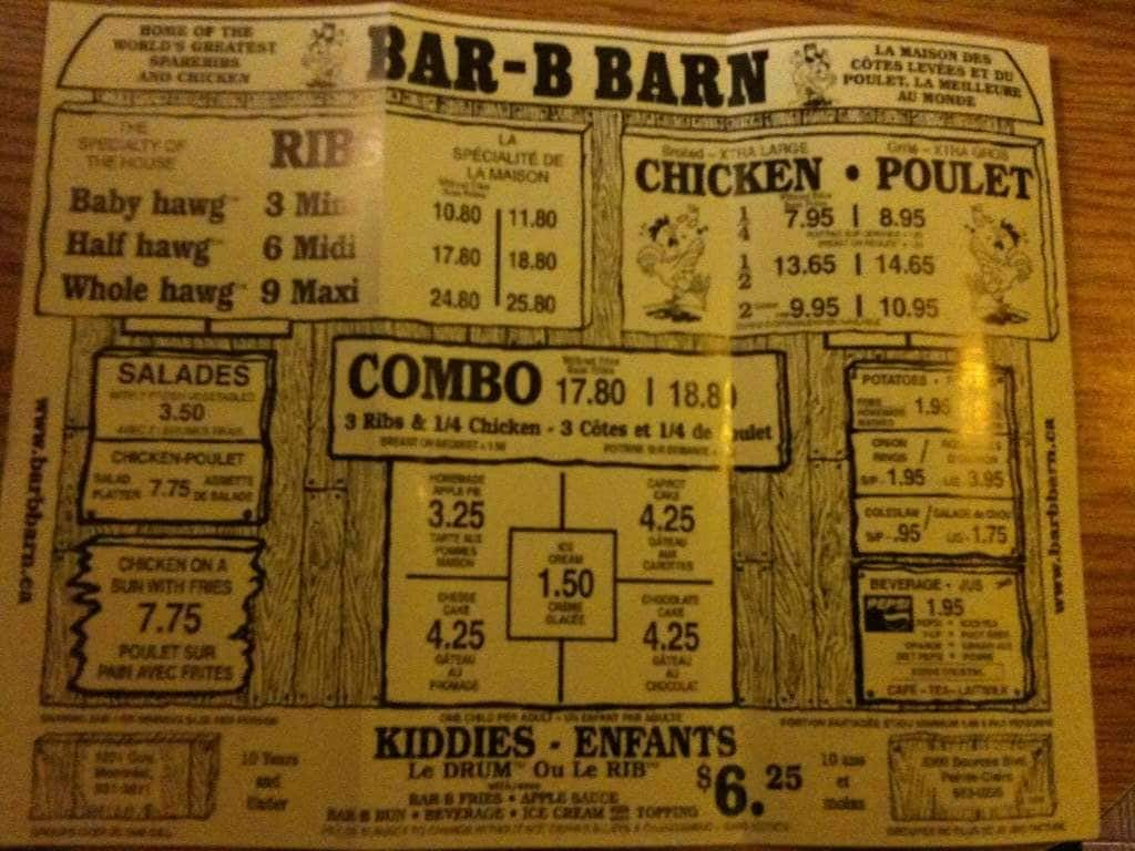 Menu At Bar-B-Barn, Montreal, Guy St