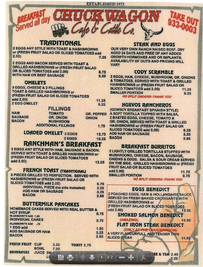 Chuckwagon Cafe Menu, Menu for Chuckwagon Cafe, Turner Valley, Turner