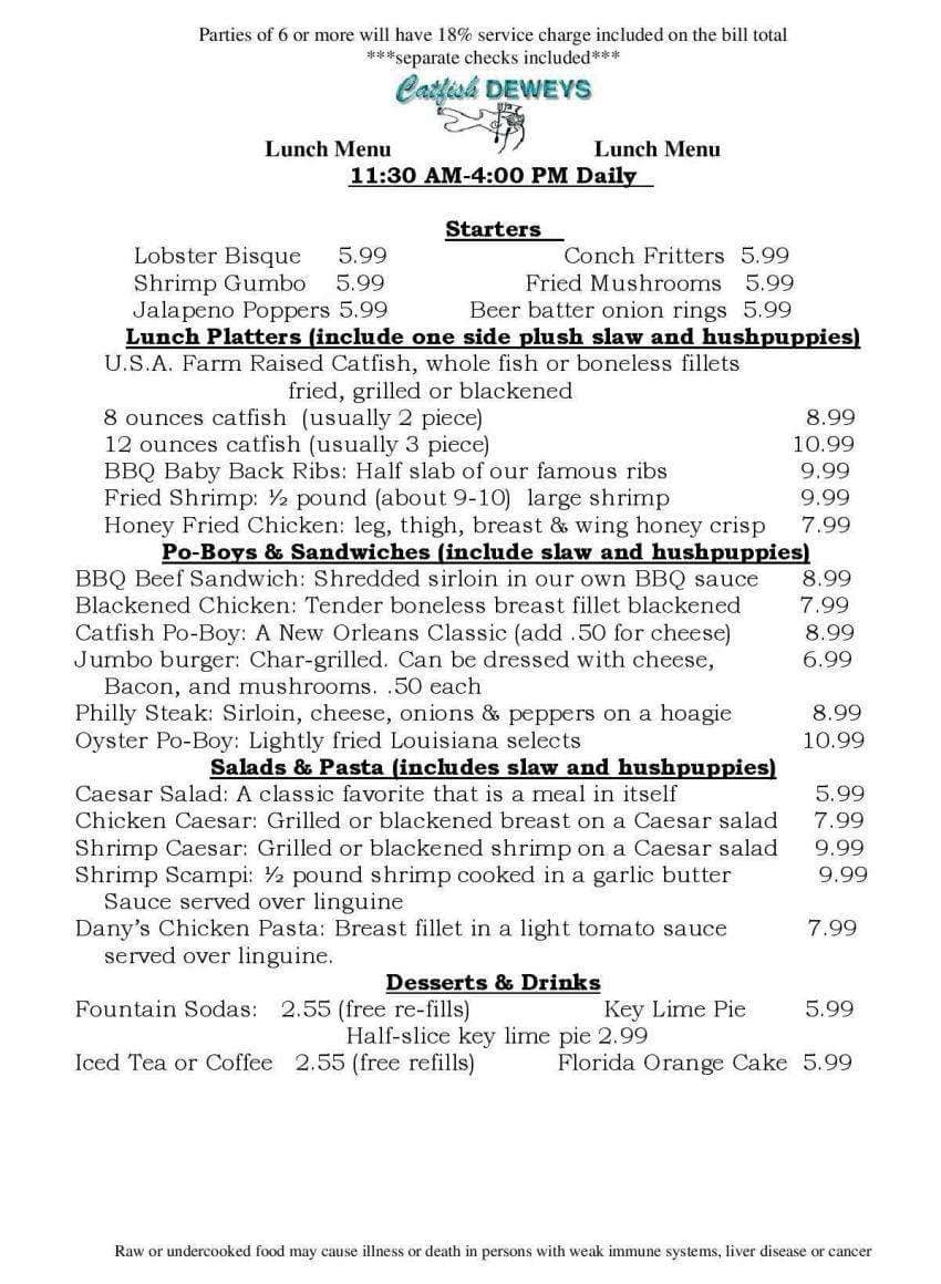 Menu at Catfish Deweys restaurant, Oakland Park
