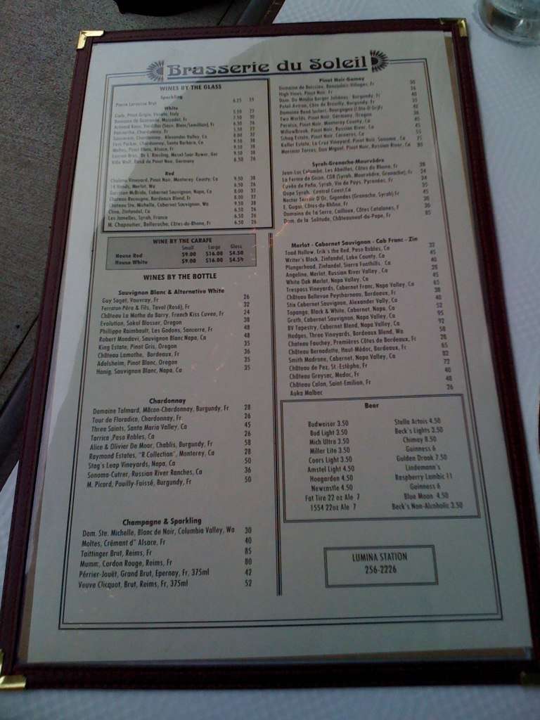 Brasserie Du Soleil Menu, Menu for Brasserie Du Soleil, Wilmington