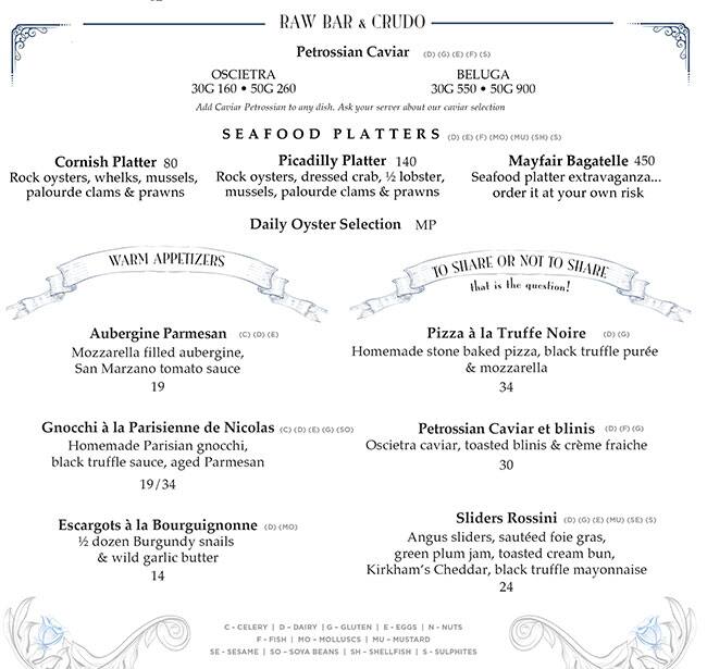 Menu at Bagatelle London restaurant, London