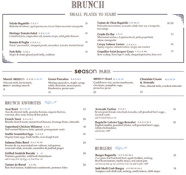 Menu at Bagatelle London restaurant, London