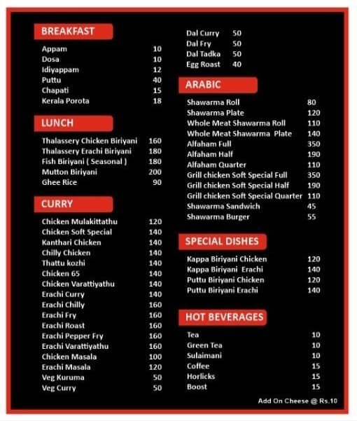 Menu of Soft Restaurant, Kammanahalli, Bangalore