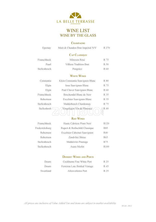 Menu at Cellar Door restaurant, Johannesburg, 67 Jan Smuts Ave