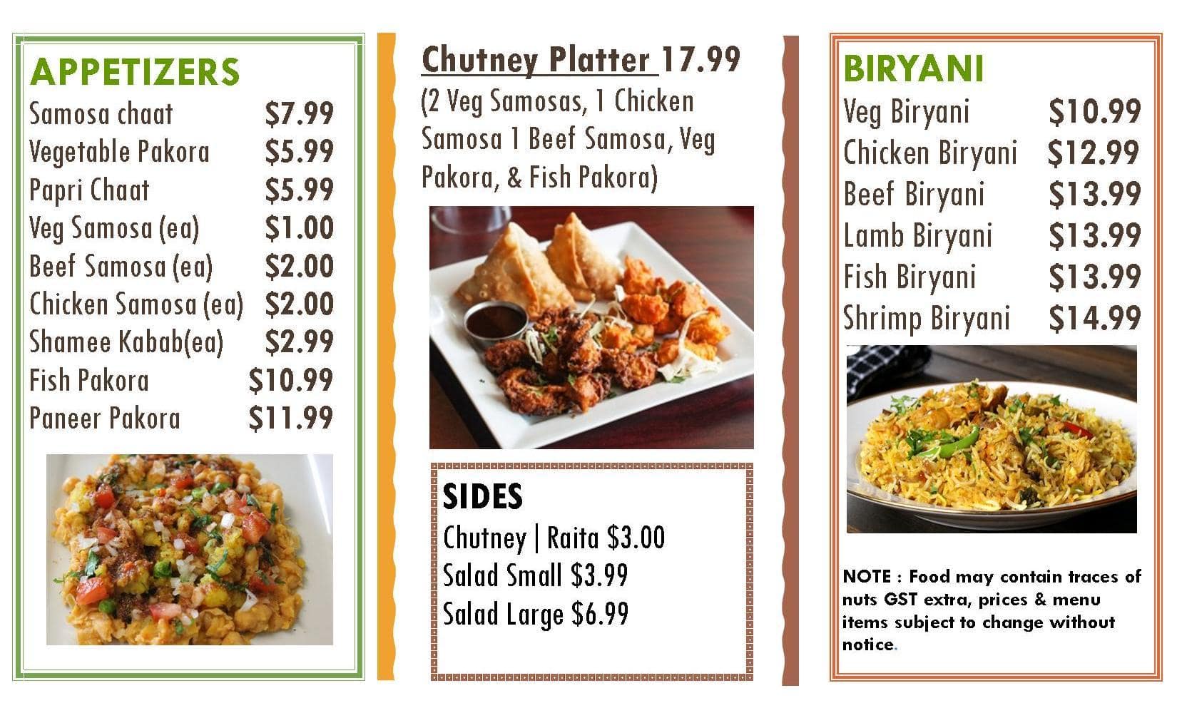 Menu at Chutney ( West ) Restaurant, Edmonton