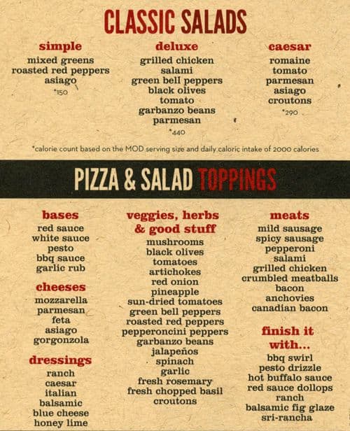 MOD Pizza menu