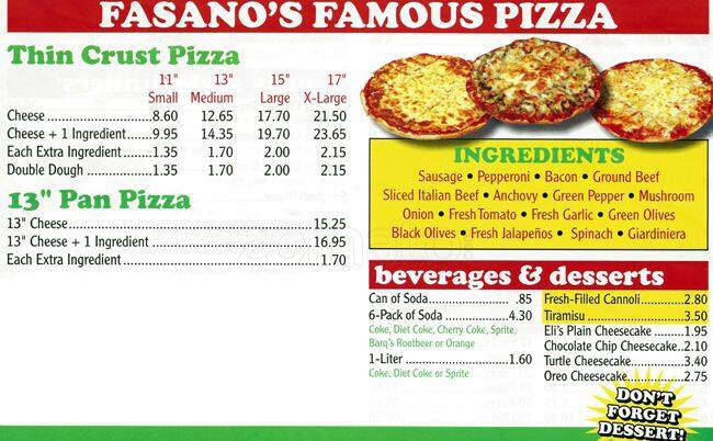 Fasano S Pizza Menu Menu For Fasano S Pizza Bridgeview Chicago