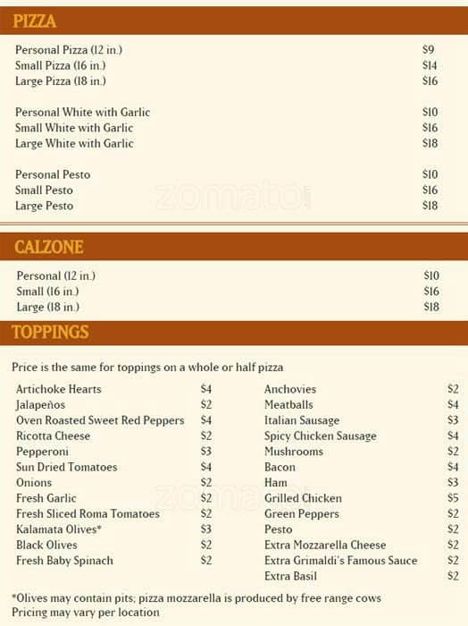 Menu at Grimaldi's restaurant, Allen, 836 Watters Creek Blvd