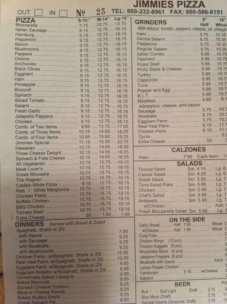 Jimmies Pizza Menu, Menu for Jimmies Pizza, West Hartford, Hartford