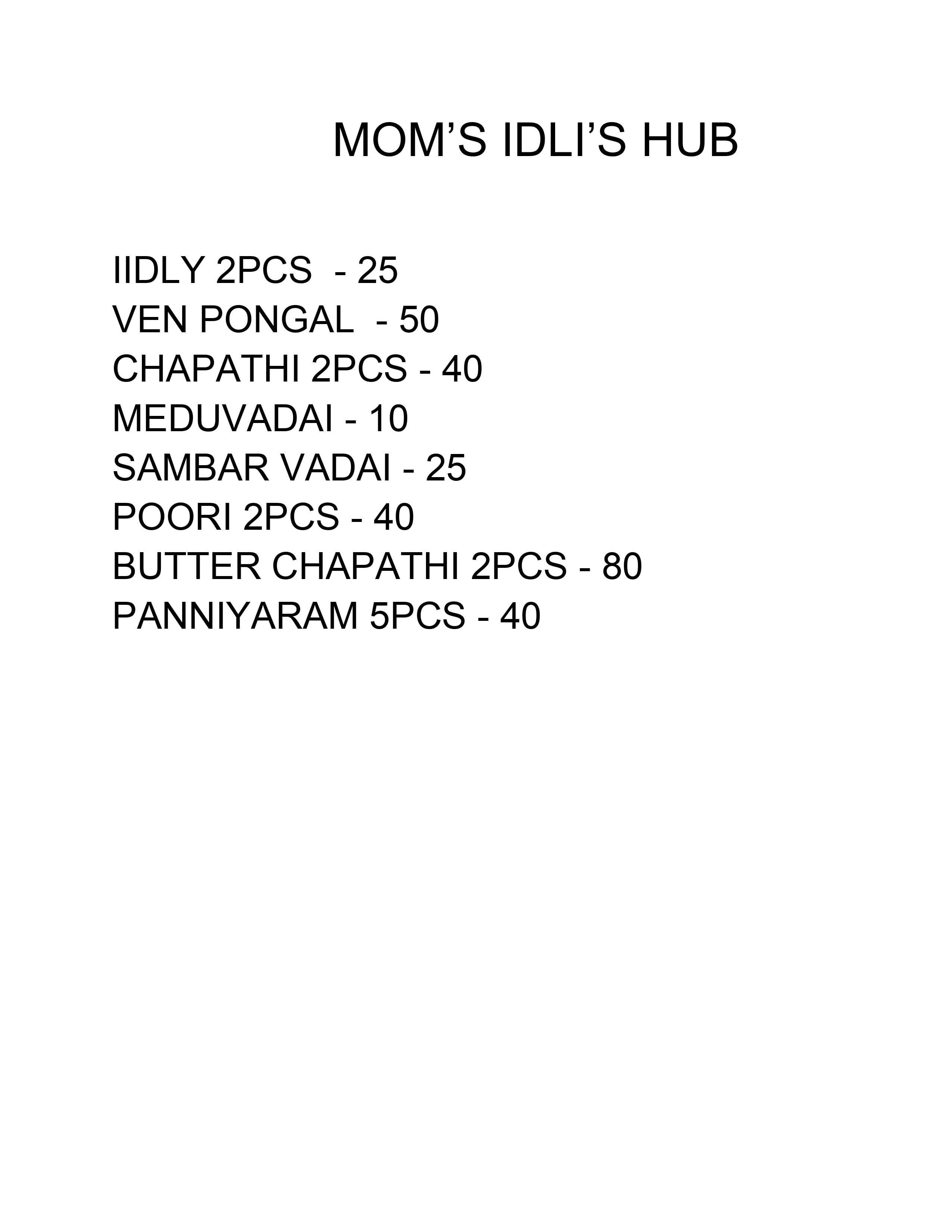 Menu of Mom's Idli Hub, Gugai, Salem