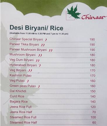 Chinaar Pure Veg menu