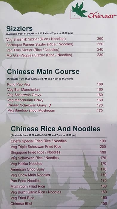 Chinaar Pure Veg menu