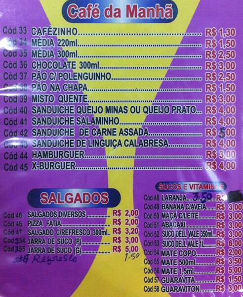 Bar e Restaurante Paladar cardápio