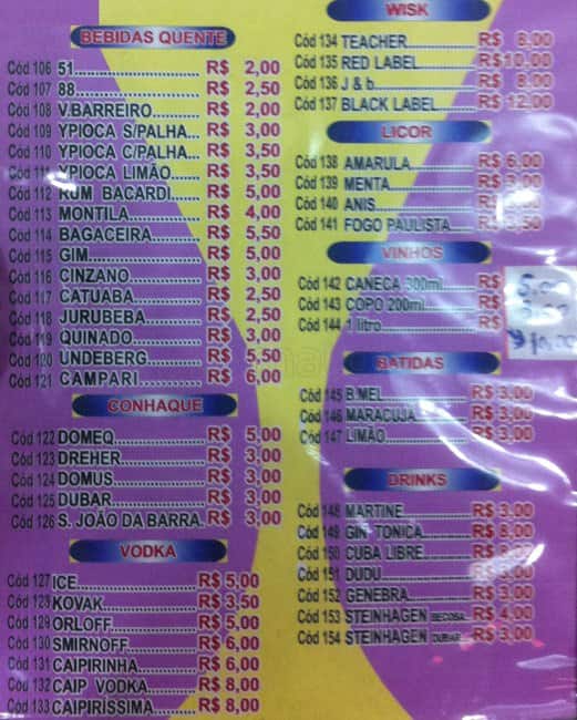 Bar e Restaurante Paladar cardápio