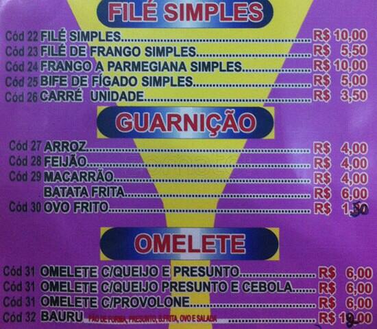 Bar e Restaurante Paladar cardápio