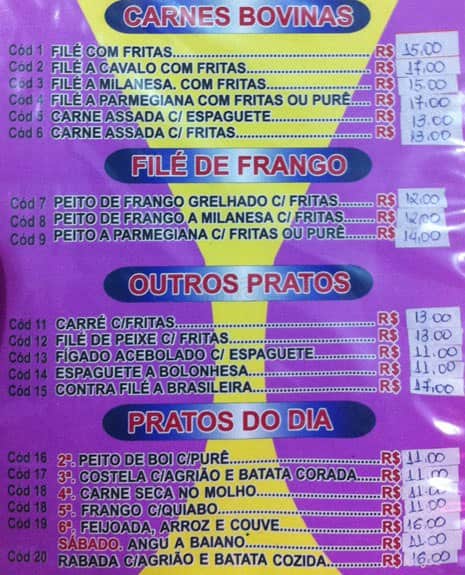 Bar e Restaurante Paladar cardápio