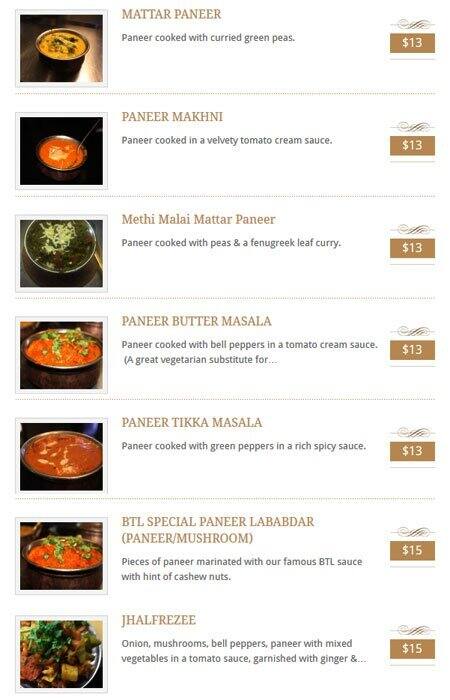 Menu de Indian Cuisine By The Lake