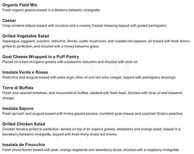 Menu at Sapore By Zafferano restaurant, Vaughan