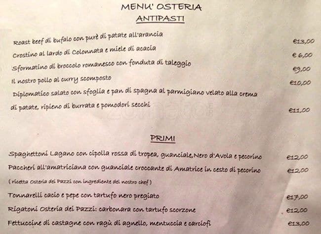 Menu di Osteria dei pazzi 