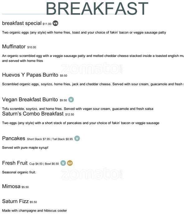 Saturn Cafe Menu, Menu for Saturn Cafe, Berkeley, Berkeley Urbanspoon