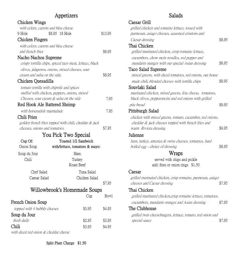 Menu at Willowbrook Golf Course restaurant, Lockport