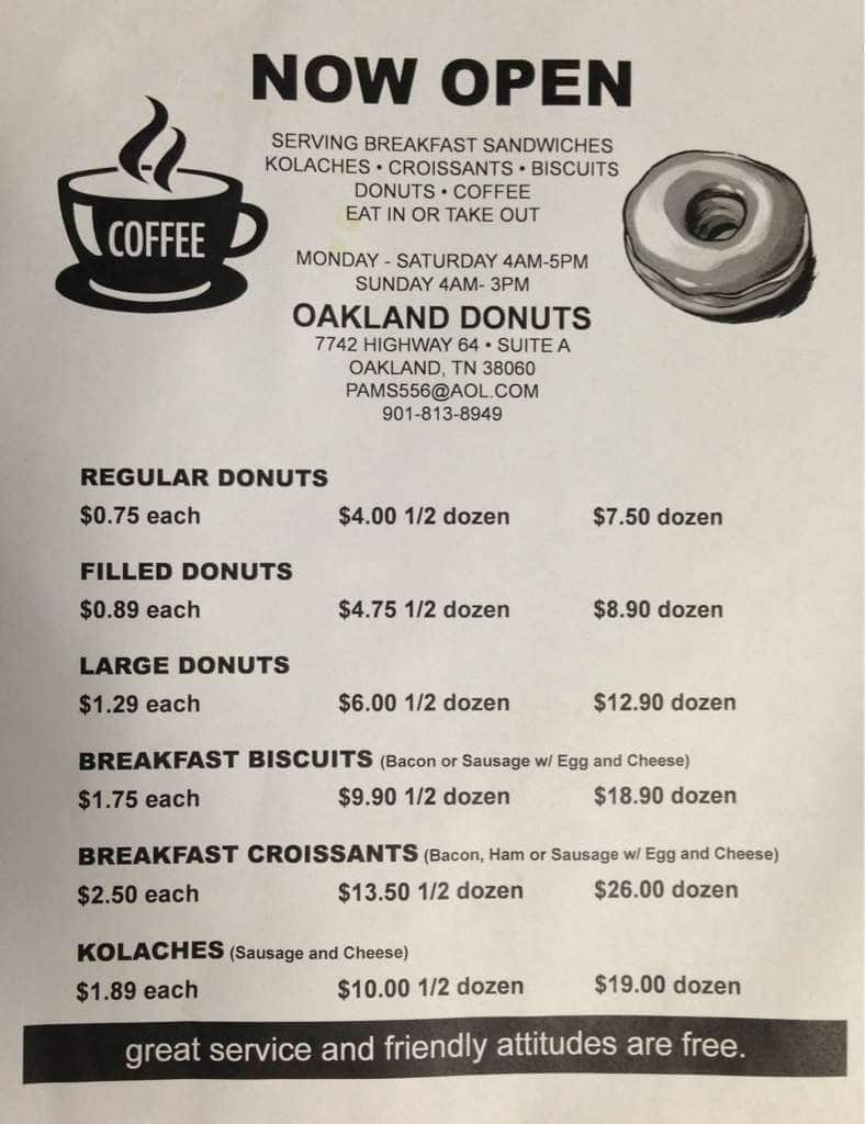 Oakland Donuts Menu, Menu for Oakland Donuts, Oakland, Memphis