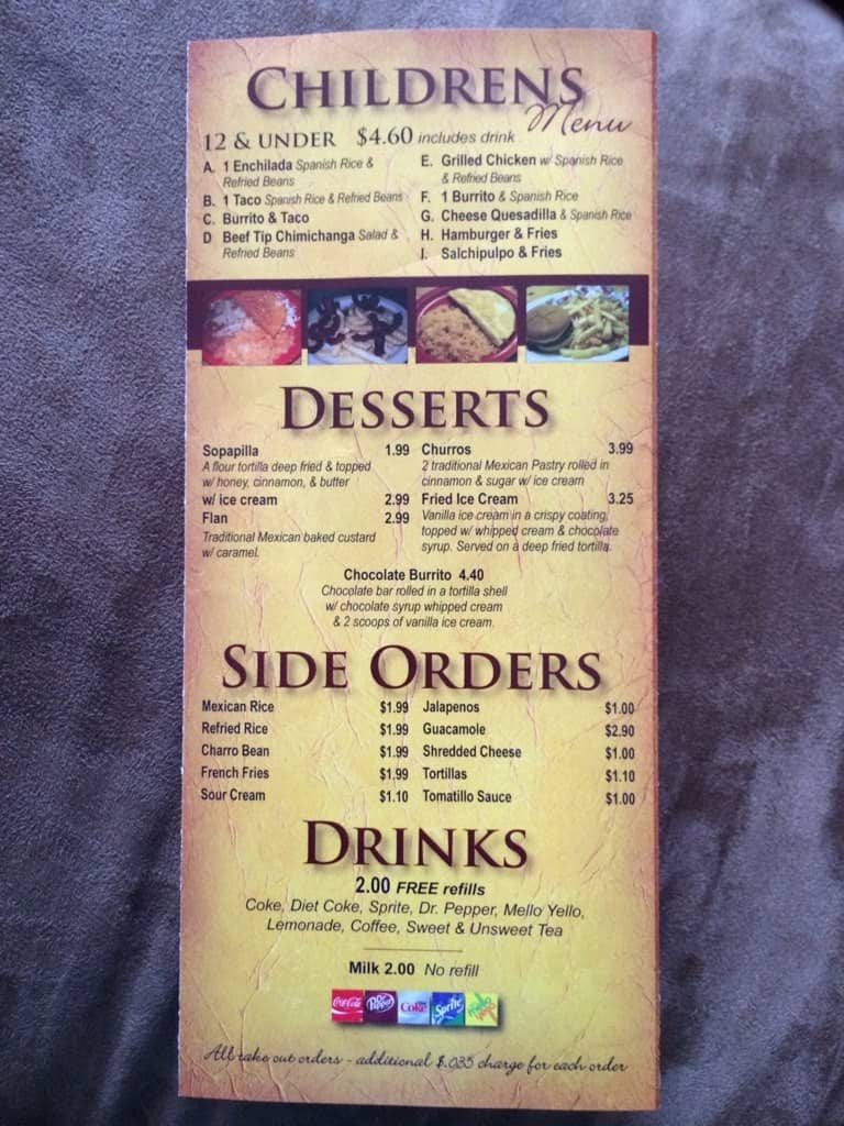 Menu at La Carreta restaurant, Sevierville, Dolly Parton Pkwy