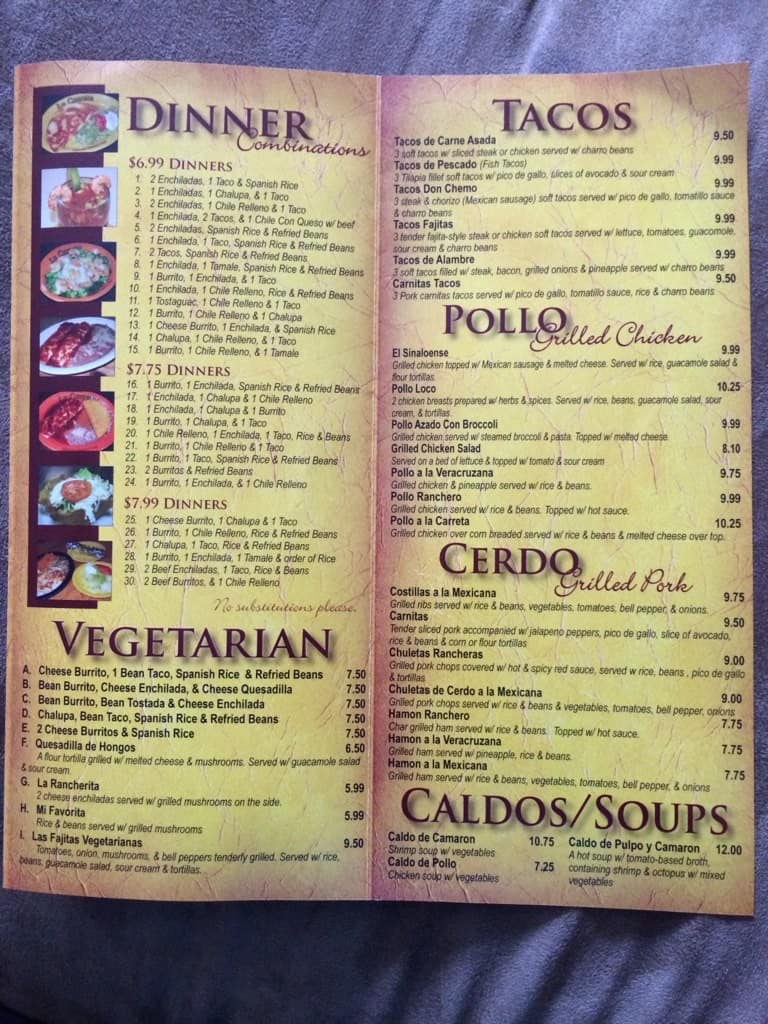 Menu at La Carreta restaurant, Sevierville, Dolly Parton Pkwy