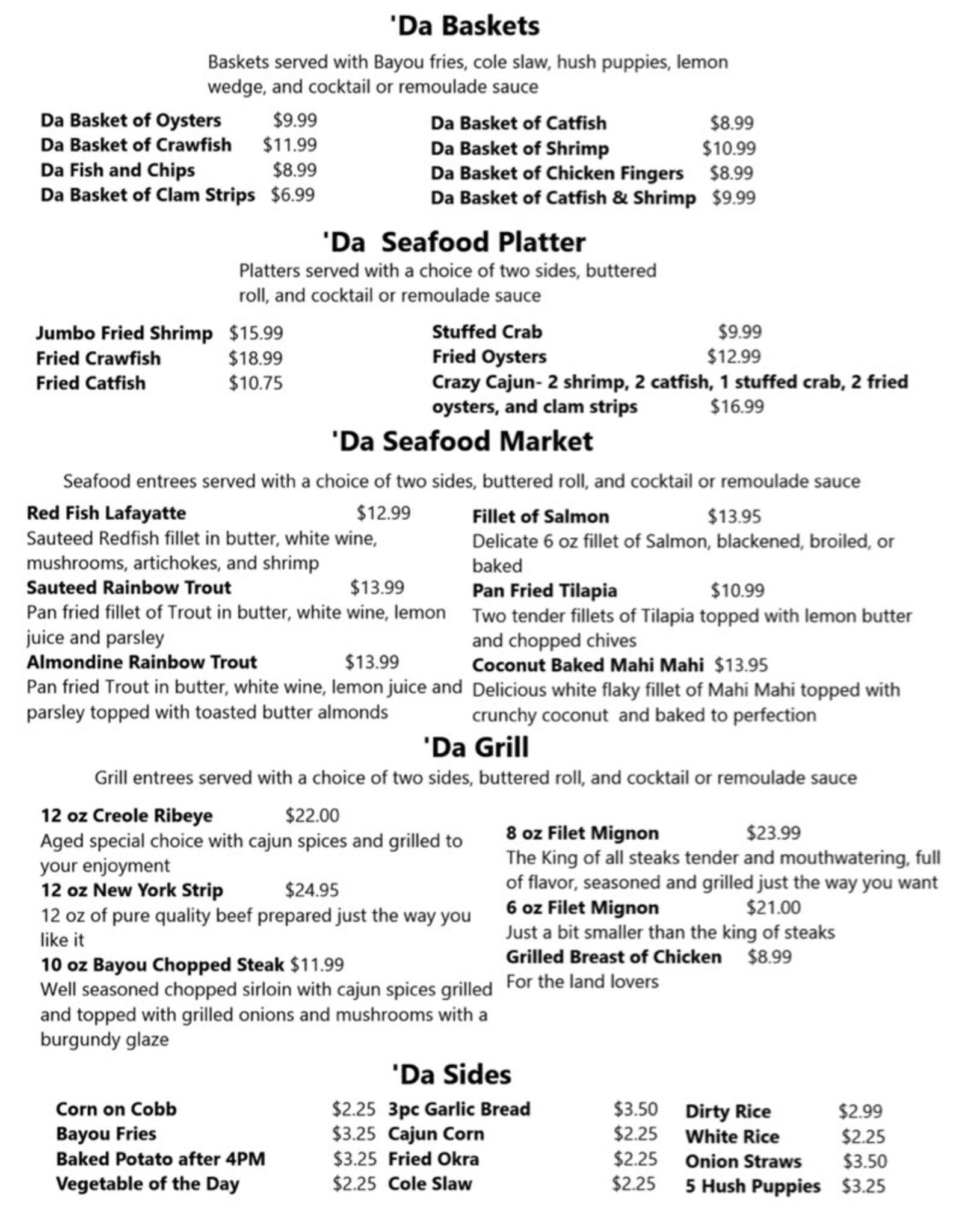 Cajun Moon Grill and Bar Menu, Menu for Cajun Moon Grill and Bar, Paris