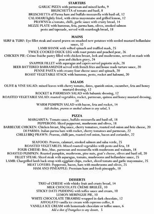 Olive & Vine Menu, Menu for Olive & Vine, Kiama, Kiama Urbanspoon/Zomato