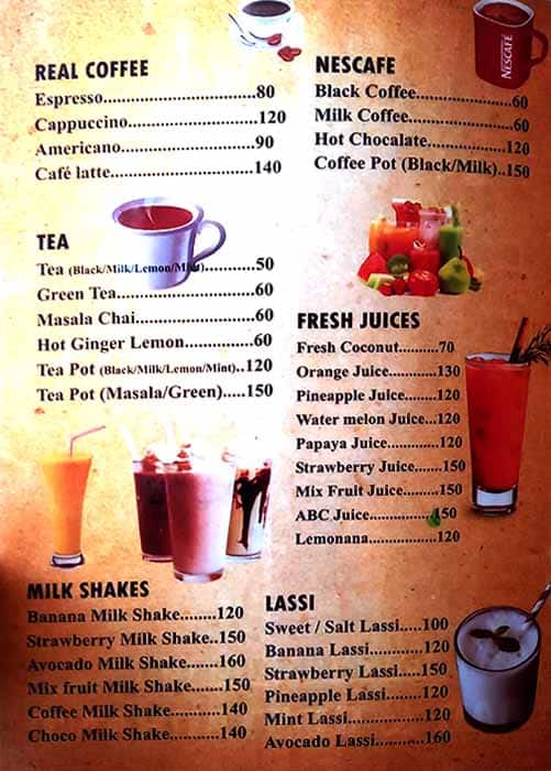 Menu at Tantra Cafe, Canacona