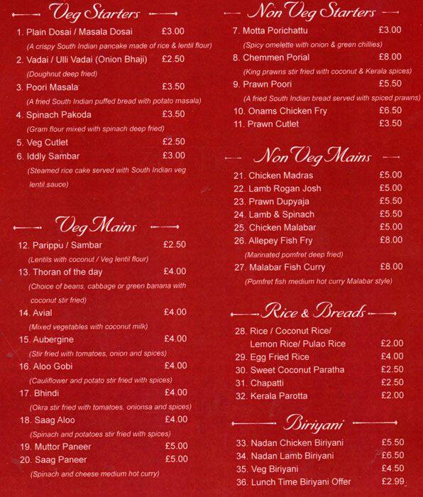Onam Kerala Restaurant Menu, Menu for Onam Kerala Restaurant, Tooting