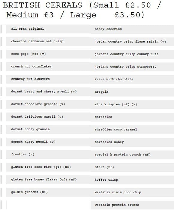 Menu at Cereal Killer Cafe, London, 192a Brick Ln
