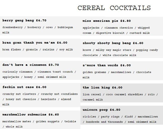 Menu at Cereal Killer Cafe, London, 192a Brick Ln