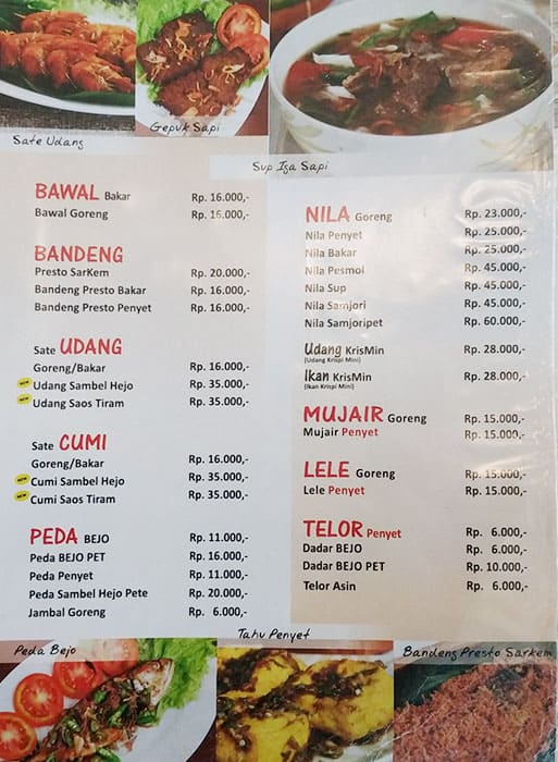 Menu at Sari Rasa restaurant, Bekasi Regency, Jl. Raya Pekayon