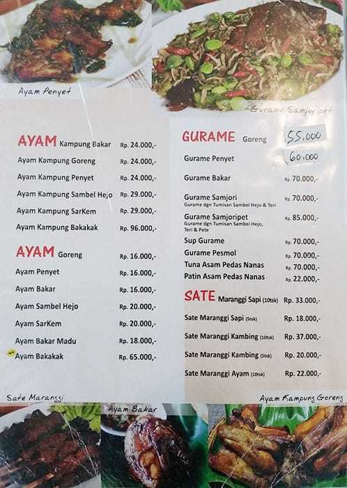 Menu at Sari Rasa restaurant, Bekasi Regency, Jl. Raya Pekayon