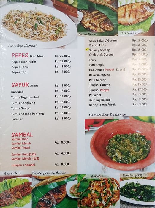 Menu at Sari Rasa restaurant, Bekasi Regency, Jl. Raya Pekayon