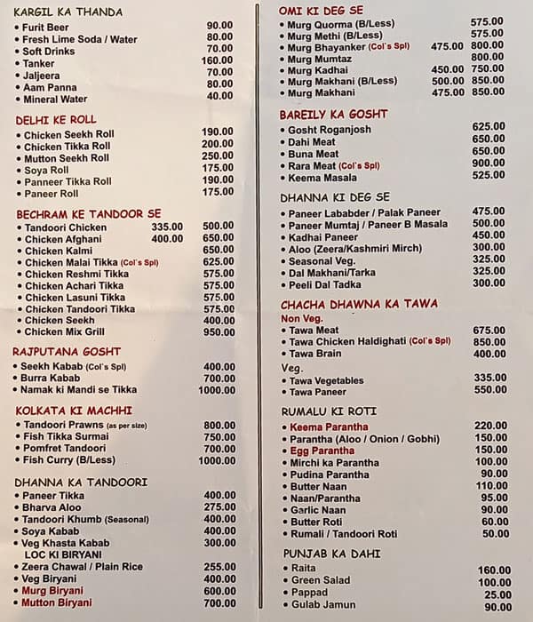 Colonel's Kababz menu