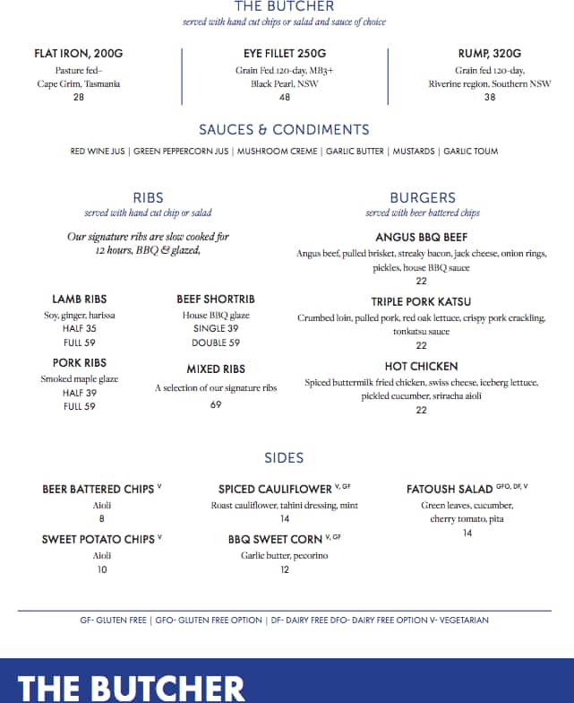 Menu at The Butcher's Block restaurant, Wahroonga, 15 Redleaf Ave