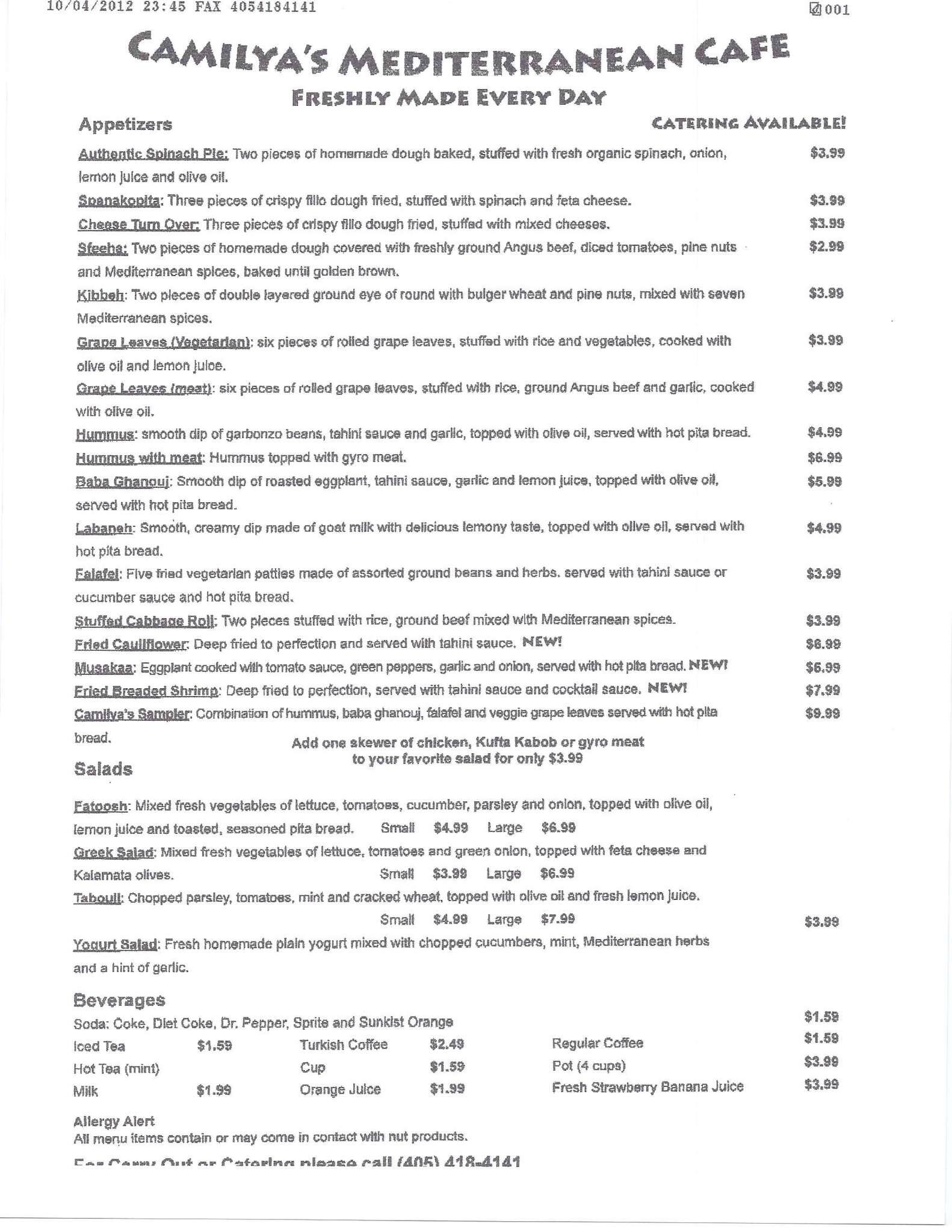 Menu at Camilya's Mediterranean Cafe, Oklahoma City