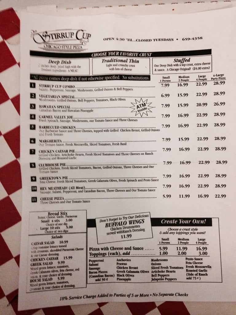 Stirrup Cup Pizza Menu, Menu for Stirrup Cup Pizza, Carmel Valley