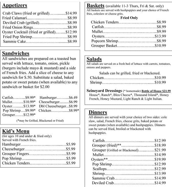 Menu at The Other Seineyard Seafood Restaurant, Tallahassee