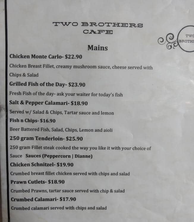 Menu at Two Brothers cafe, Lane Cove