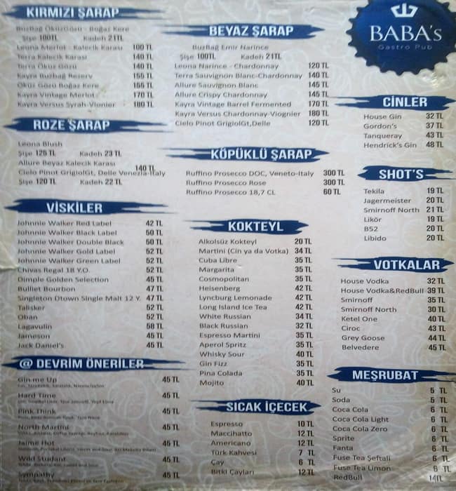 Baba's Gastro Pub, İstanbul menüsü