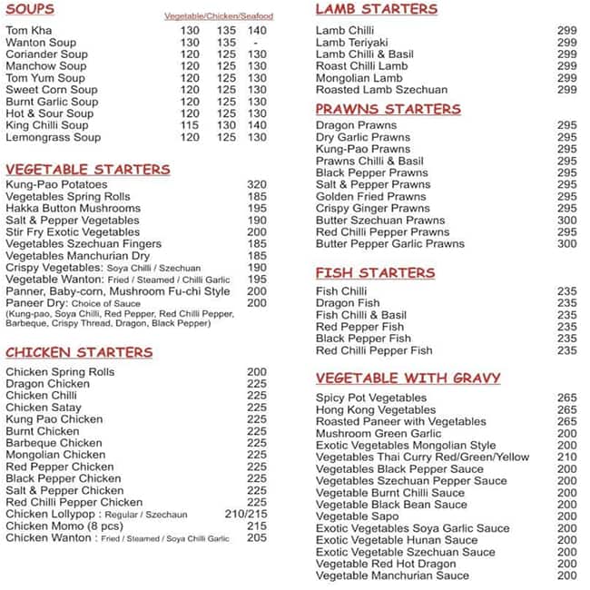 Menu of King Chilly Restaurant, Vashi, Navi Mumbai