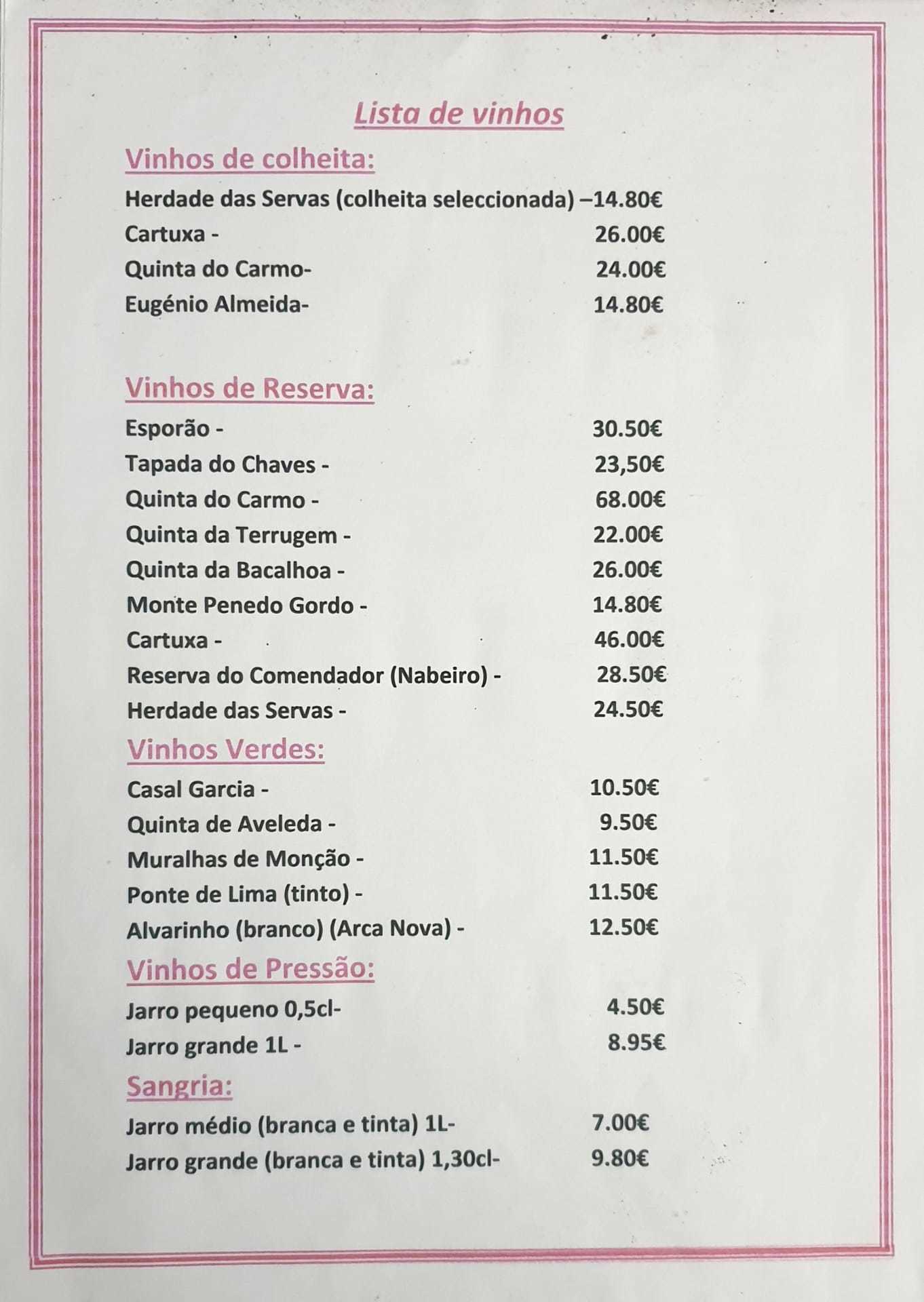 Menu em Adega Típica da Tala restaurante, Sintra