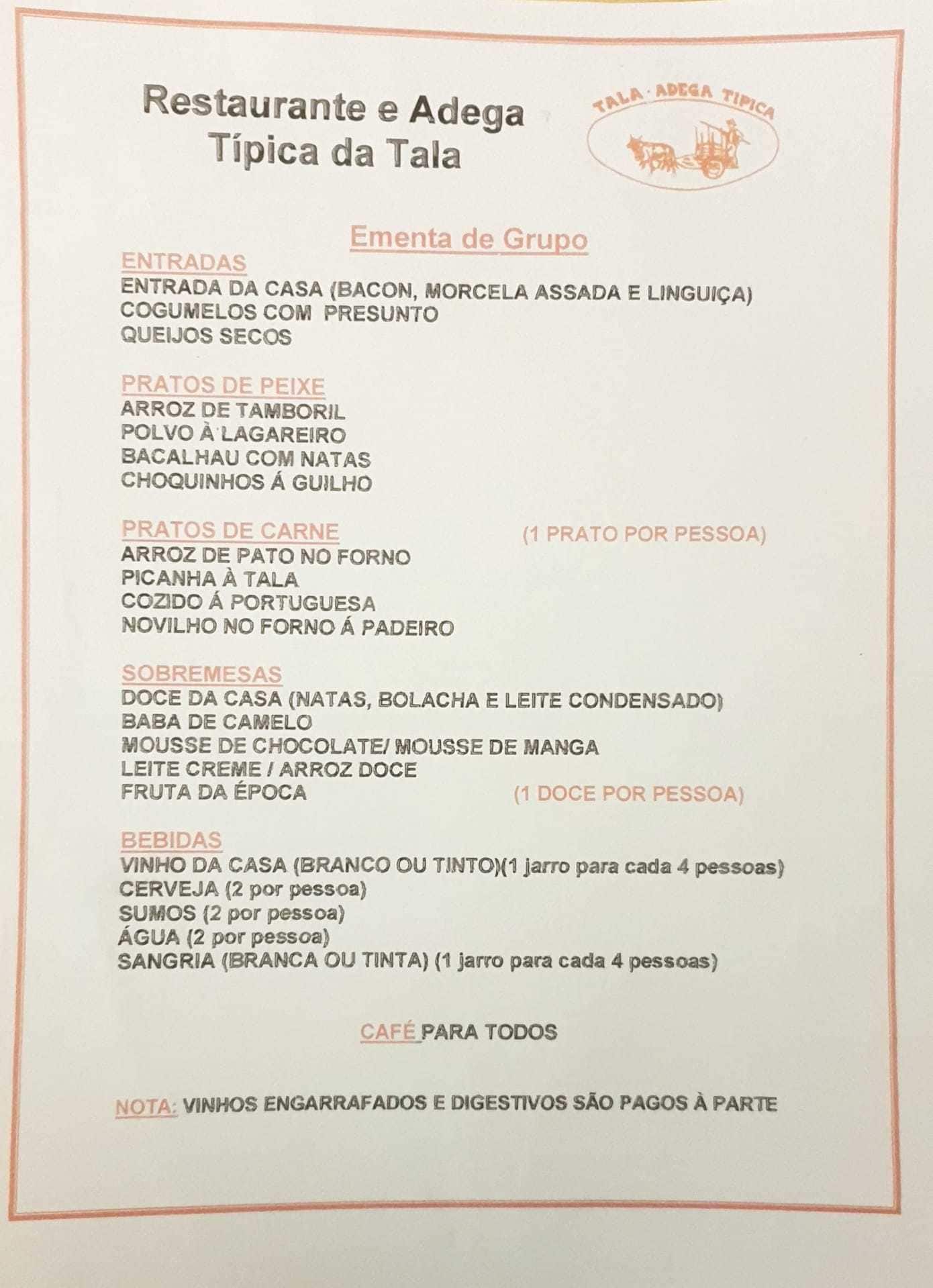 Menu em Adega Típica da Tala restaurante, Sintra