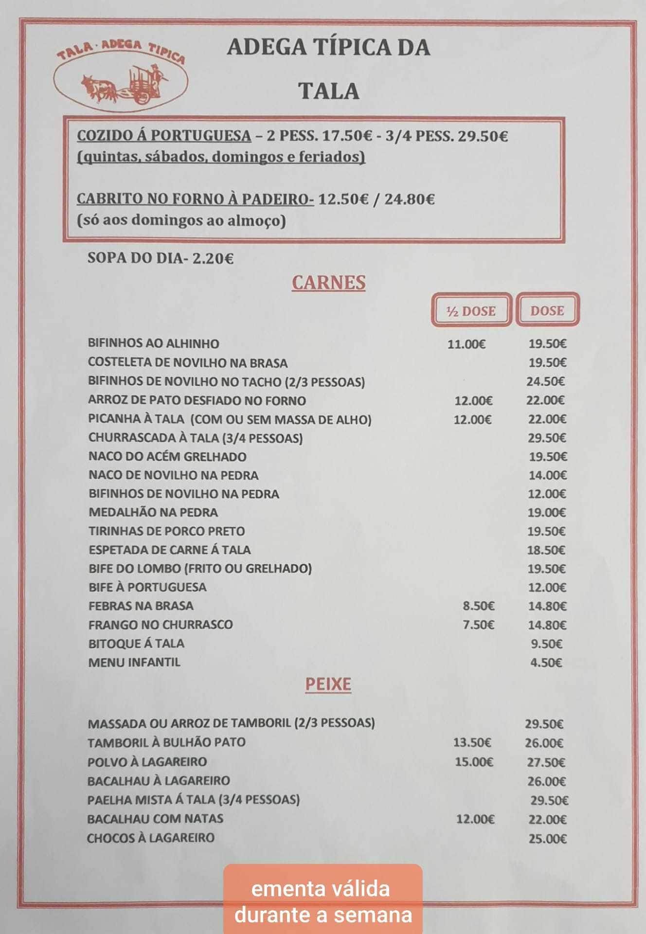 Menu em Adega Típica da Tala restaurante, Sintra