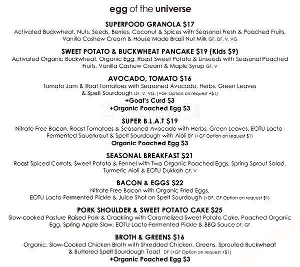 Egg of the Universe Menu, Menu for Egg of the Universe, Rozelle, Sydney